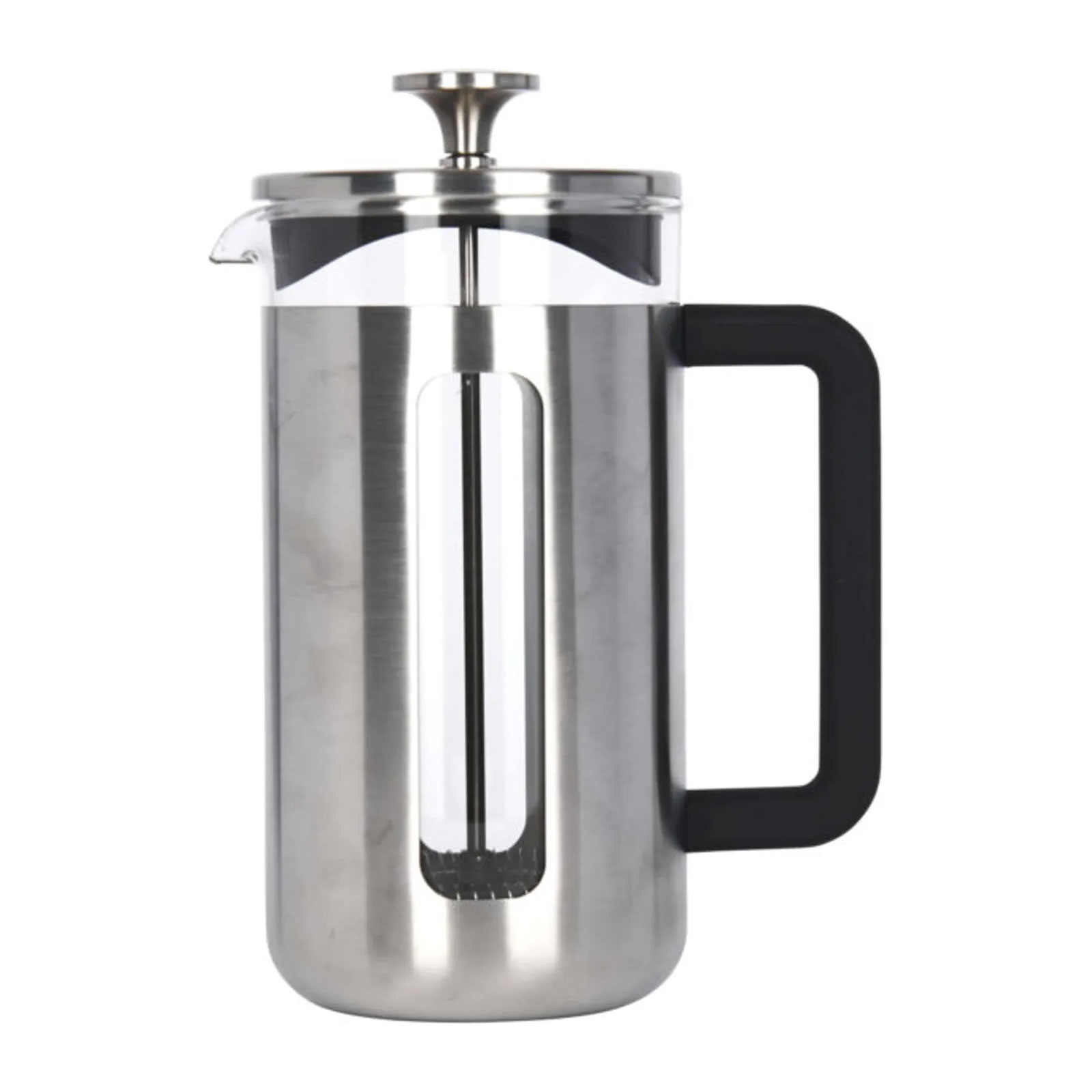 Cafetière à piston Pisa 1L en inox brossé et verre borosilicate, avec poignée noire et filtre inox visible