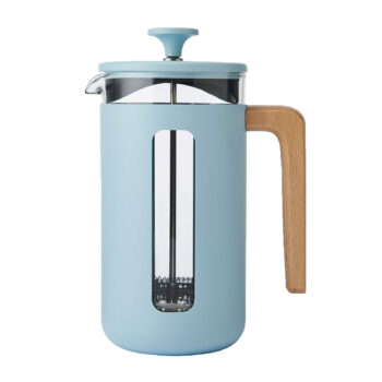 Cafetière Pisa à piston bleu ciel 1L en verre et métal, avec poignée en bois naturel