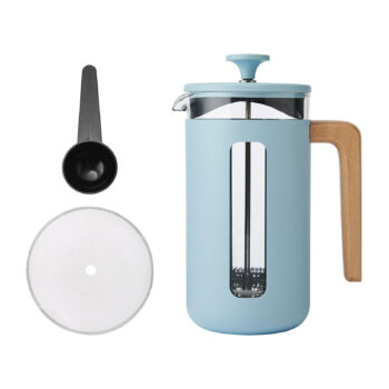Cafetière à piston Pisa bleu ciel avec poignée en bois, cuillère doseuse noire et filtre en acier inoxydable, pour préparer 8 tasses de café