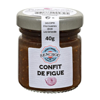Pot de confit de figues Manoir Alexandre 40g, étiquette blanche avec logo bleu et rouge SENCHOU et illustration de figue violette.