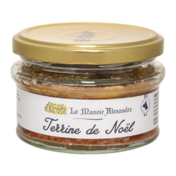 Terrine de Noël Manoir Alexandre 100g dans un pot en verre avec couvercle doré, étiquette blanche, saveurs abricot et figue