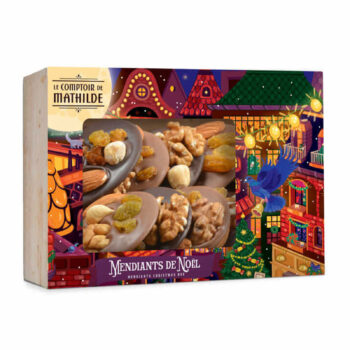 Coffret Mendiants de Noël Le Comptoir de Mathilde 200g, emballage festif avec fenêtre transparente sur mendiants au chocolat et fruits secs
