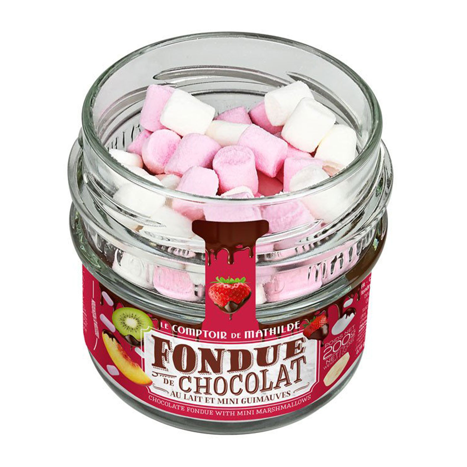 Pot en verre de fondue au chocolat au lait avec mini guimauves, orné d'une étiquette avec une fraise et des fruits