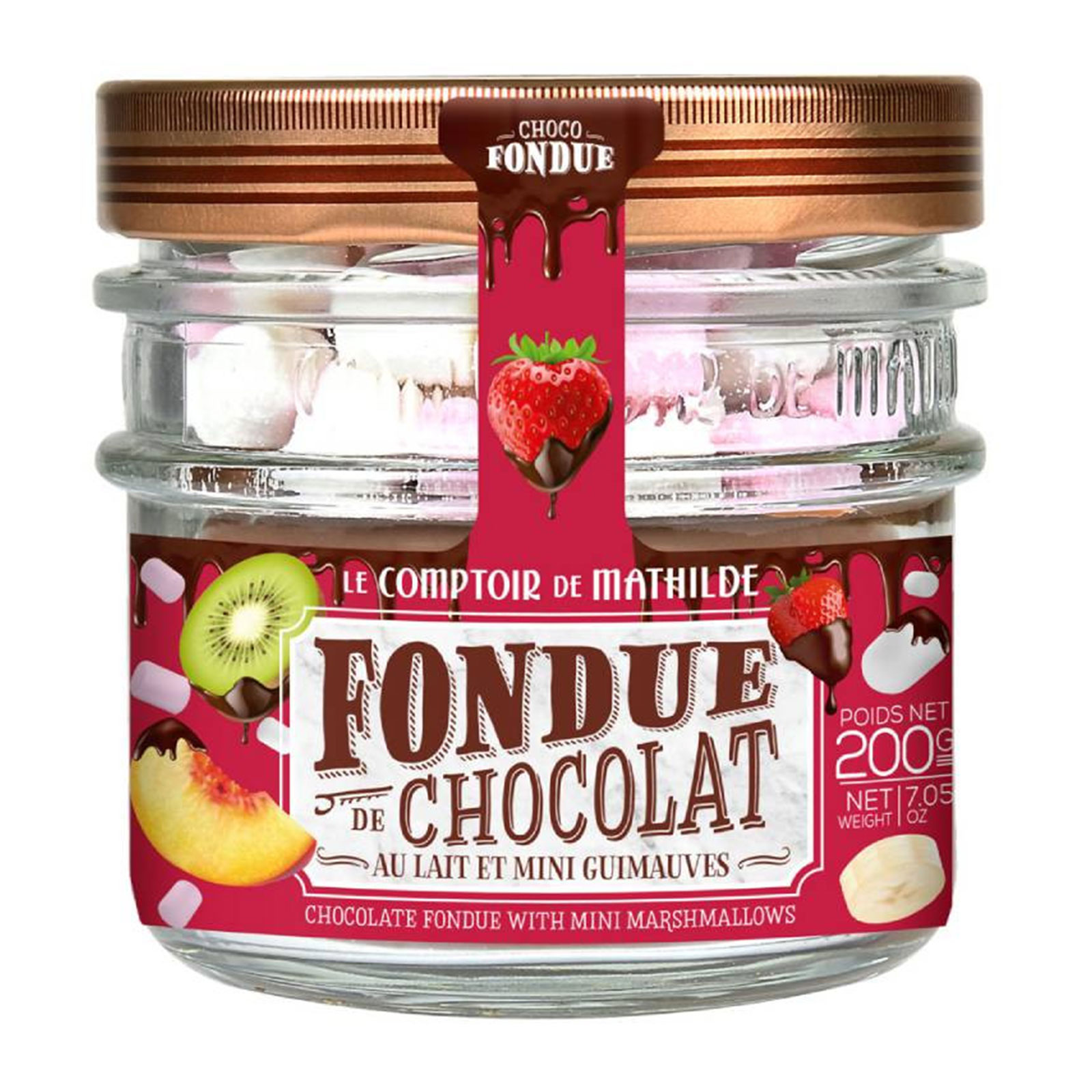 Pot en verre de fondue au chocolat au lait Le Comptoir de Mathilde avec mini guimauves, 200g