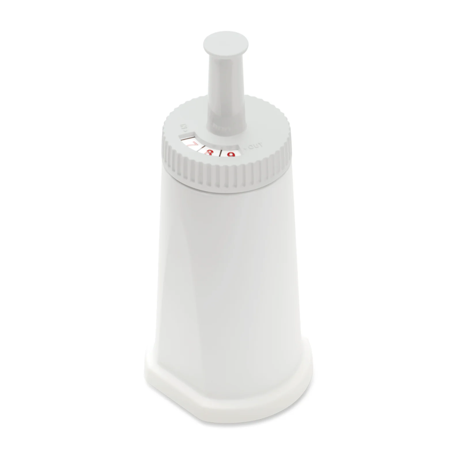 Cartouche filtrante Brita blanche avec un indicateur de changement de filtre rotatif numéroté, vue en perspective sur fond blanc