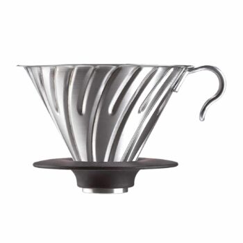 Hario V60 Dripper en métal argenté avec base en silicone noire, pour l'extraction du café