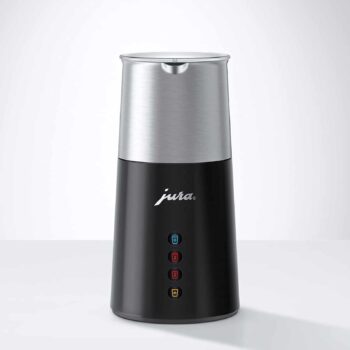 Émulsionneur de lait JURA noir avec finition argentée, doté de quatre icônes lumineuses pour différentes préparations de lait et chocolat
