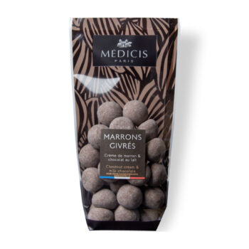 Sachet transparent de marrons givrés Médicis Paris, 200g, avec motif rayures sombres et bandeau noir