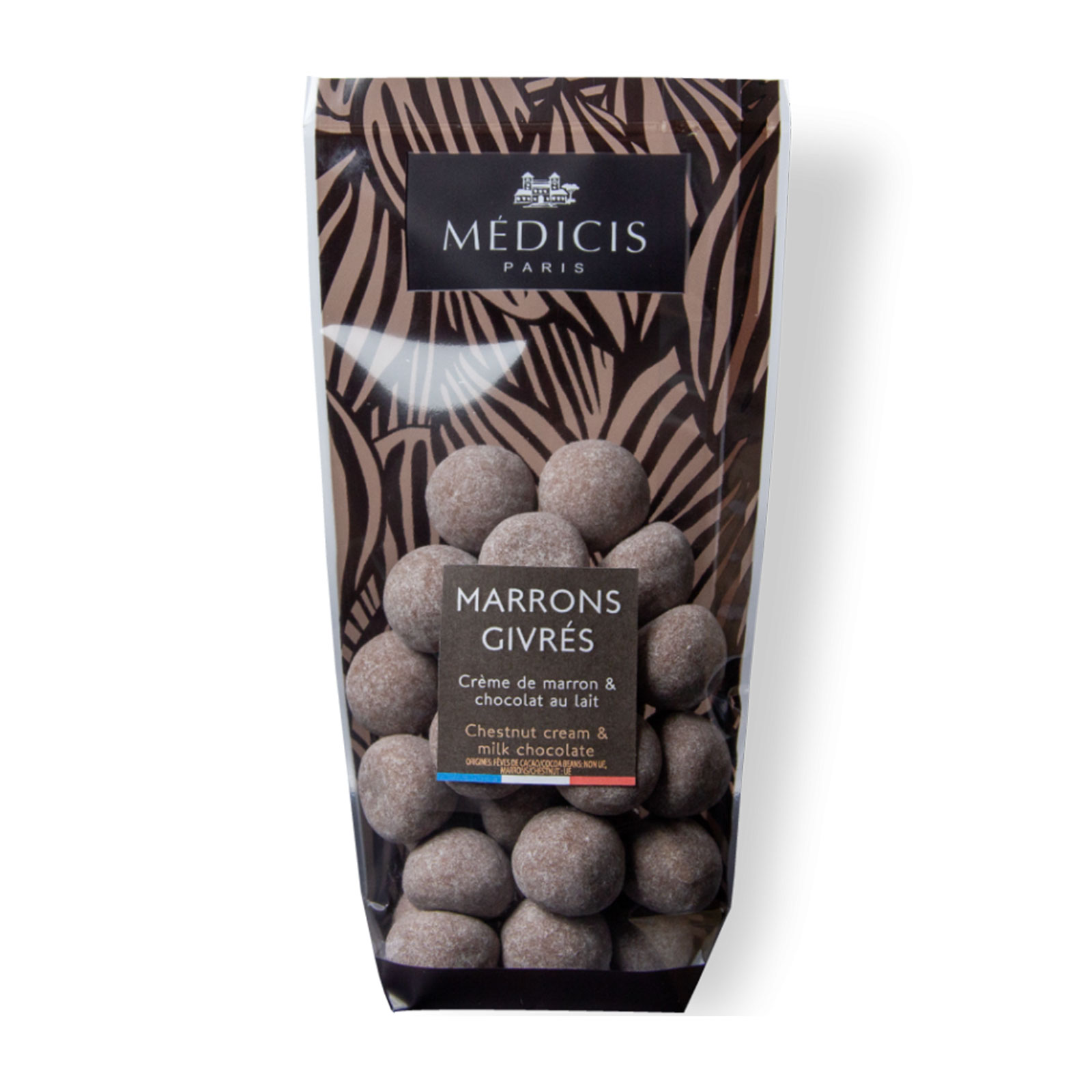 Sachet transparent de marrons givrés Médicis Paris, 200g, avec motif rayures sombres et bandeau noir