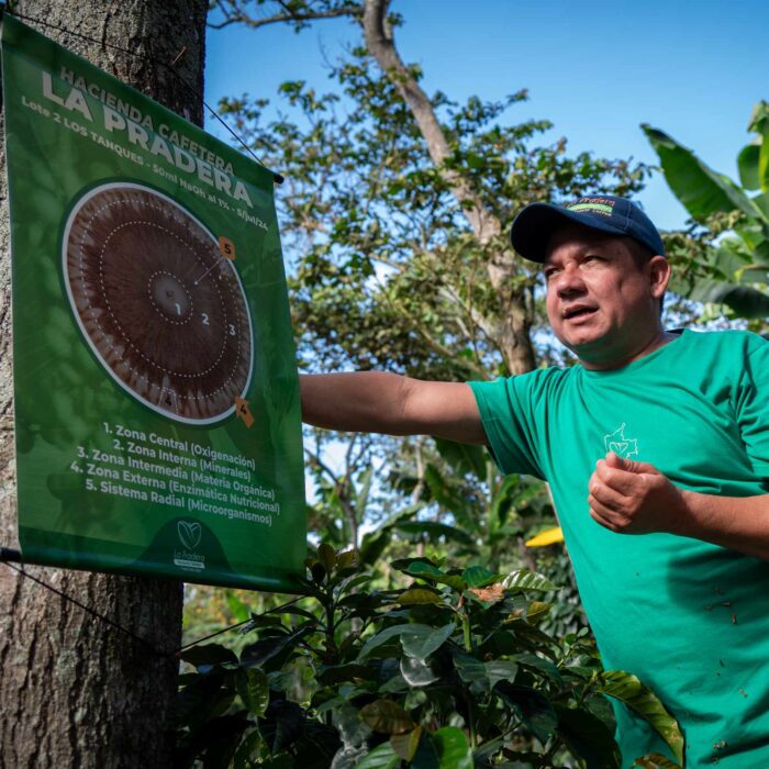 Homme présentant une affiche explicative sur la culture du café à la ferme La Pradera, Colombie, avec des détails sur les zones de culture et les processus.
