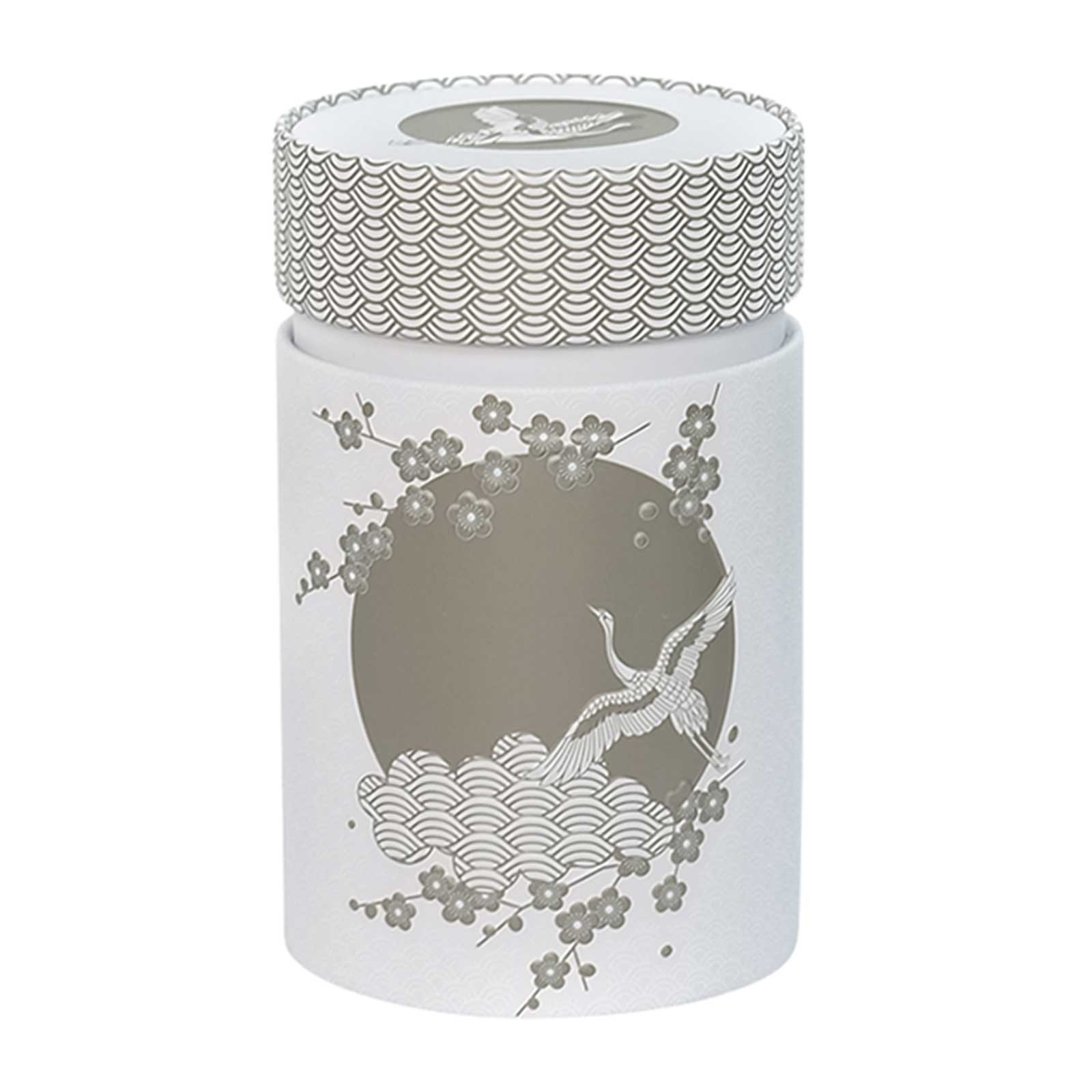 Boîte à thé Eigenart Komorebi blanc cassé, cylindrique, avec motif embossé de grues et fleurs de cerisier argentées