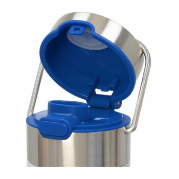 Couvercle bleu ouvert d'une théière isotherme en inox Eigenart LEEZA, avec bec verseur et poignée métallique