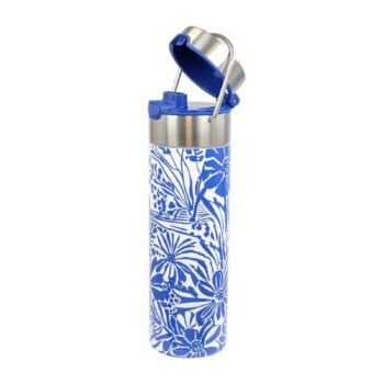 Théière isotherme Eigenart LEEZA Côte d'Azur avec un motif floral bleu et blanc, bouchon bleu ouvert