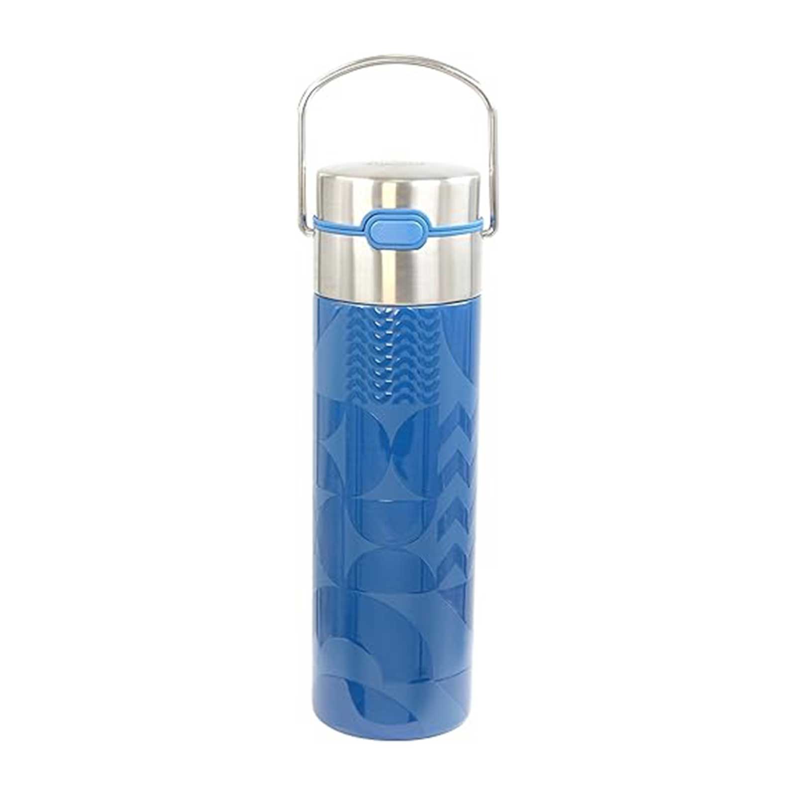 Théière isotherme Eigenart LEEZA Geo Blue 500ml en inox brossé et bleu avec motif géométrique tactile