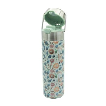 Gourde isotherme Eigenart LEEZA Amami avec motif floral bleu et orange, couvercle ouvert en métal et plastique vert