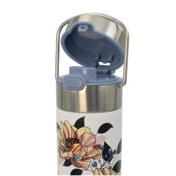 Théière isotherme Eigenart LEEZA Moon 500ml avec couvercle bleu ouvert et motif floral coloré
