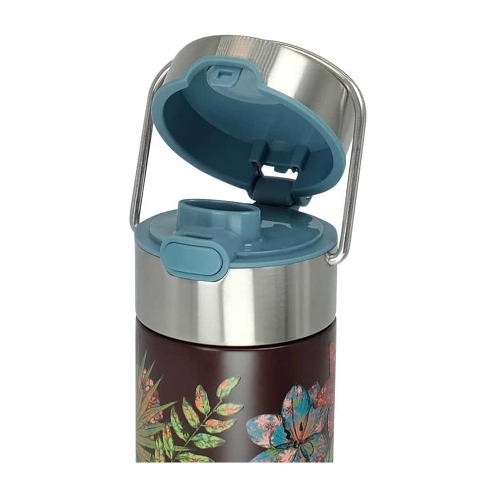 Gourde isotherme Eigenart LEEZA Rustic Flower avec couvercle sport bleu ouvert, motif floral sur fond brun