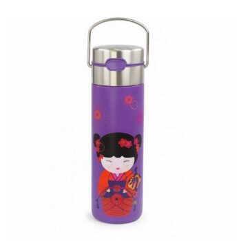 Thermos isotherme Eigenart LEEZA Sweet Little Geisha violet avec motif de geisha japonaise et fleurs, anse en métal