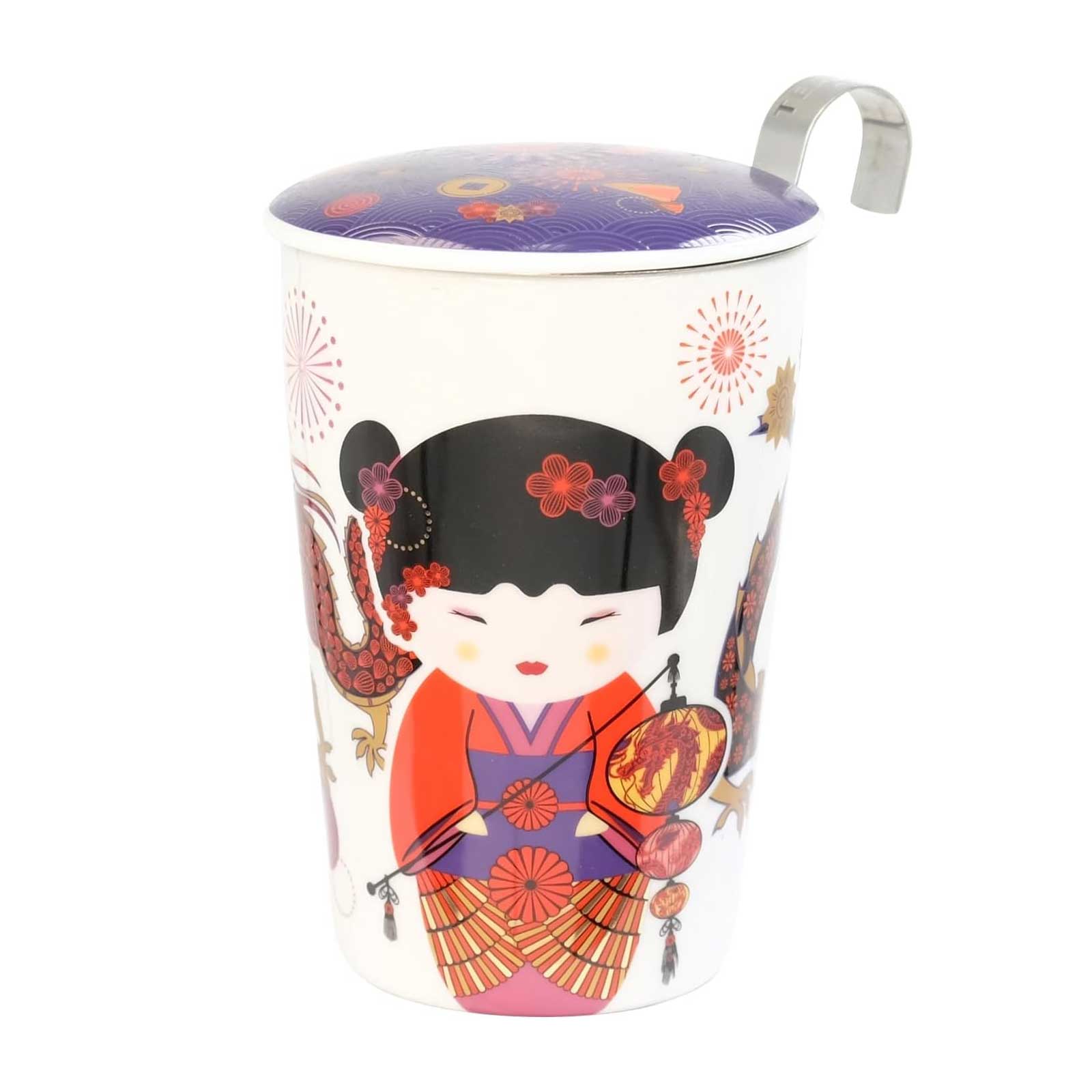 Tisanière Eigenart TEAEVE Sweet Little Geisha Fire avec motif de geisha, dragons et lanternes, filtre en acier inoxydable et couvercle repose-filtre