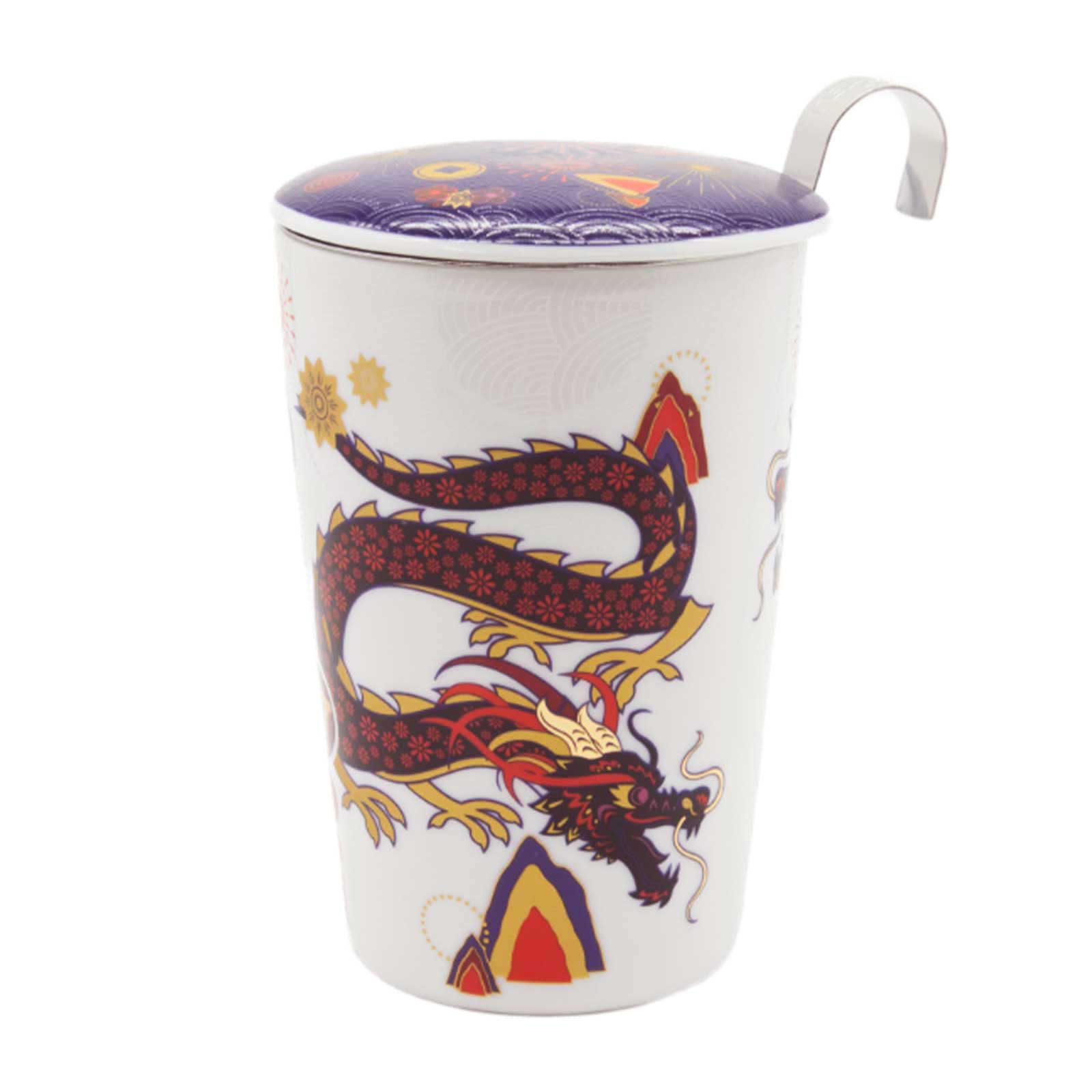 Tisanière en porcelaine blanche ornée d'un dragon rouge et doré, avec un couvercle violet et un filtre en acier inoxydable