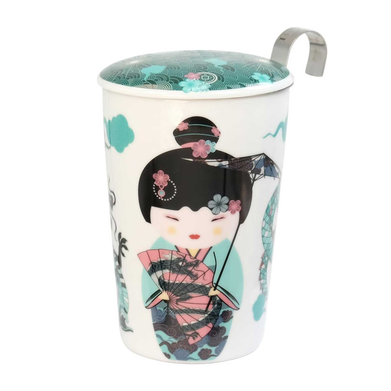 Tisanière TEAEVE Sweet Little Geisha en porcelaine blanche, 35cl, avec filtre acier inoxydable et couvercle décoré de vagues et fleurs