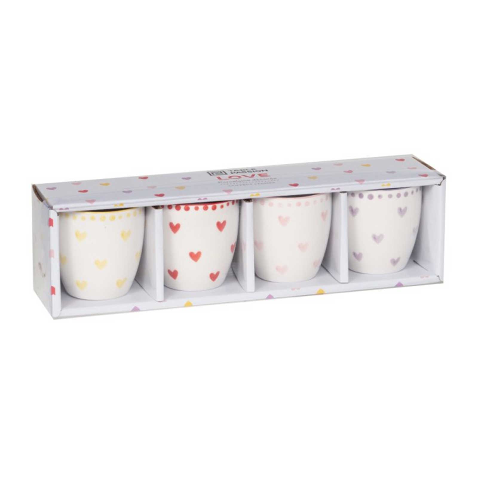 Coffret de 4 gobelets en porcelaine Bastide collection Love, décorés de cœurs colorés et de points, capacité 13cl