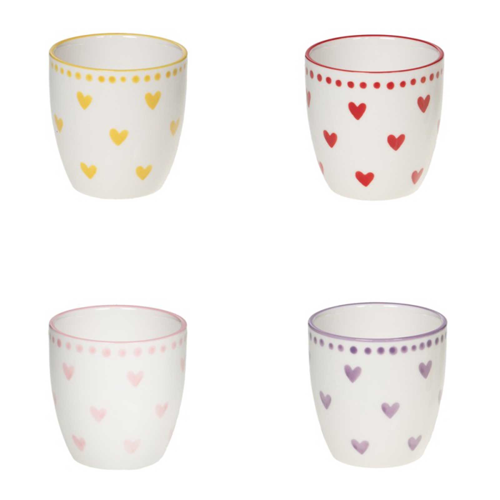 Coffret de quatre gobelets Bastide en porcelaine blanche, 13cl, décorés de cœurs stylisés jaunes, rouges, roses et violets