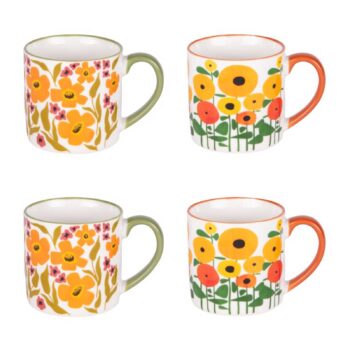 Coffret de 4 mugs Bastide Bloom Heritage en porcelaine, motifs floraux orange, jaune et rouge, anses et bords verts ou orange