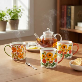 Trois mugs en porcelaine avec des motifs floraux éclatants orange et jaune, une théière en verre remplie de thé ambré, et des biscuits sur une table en bois.