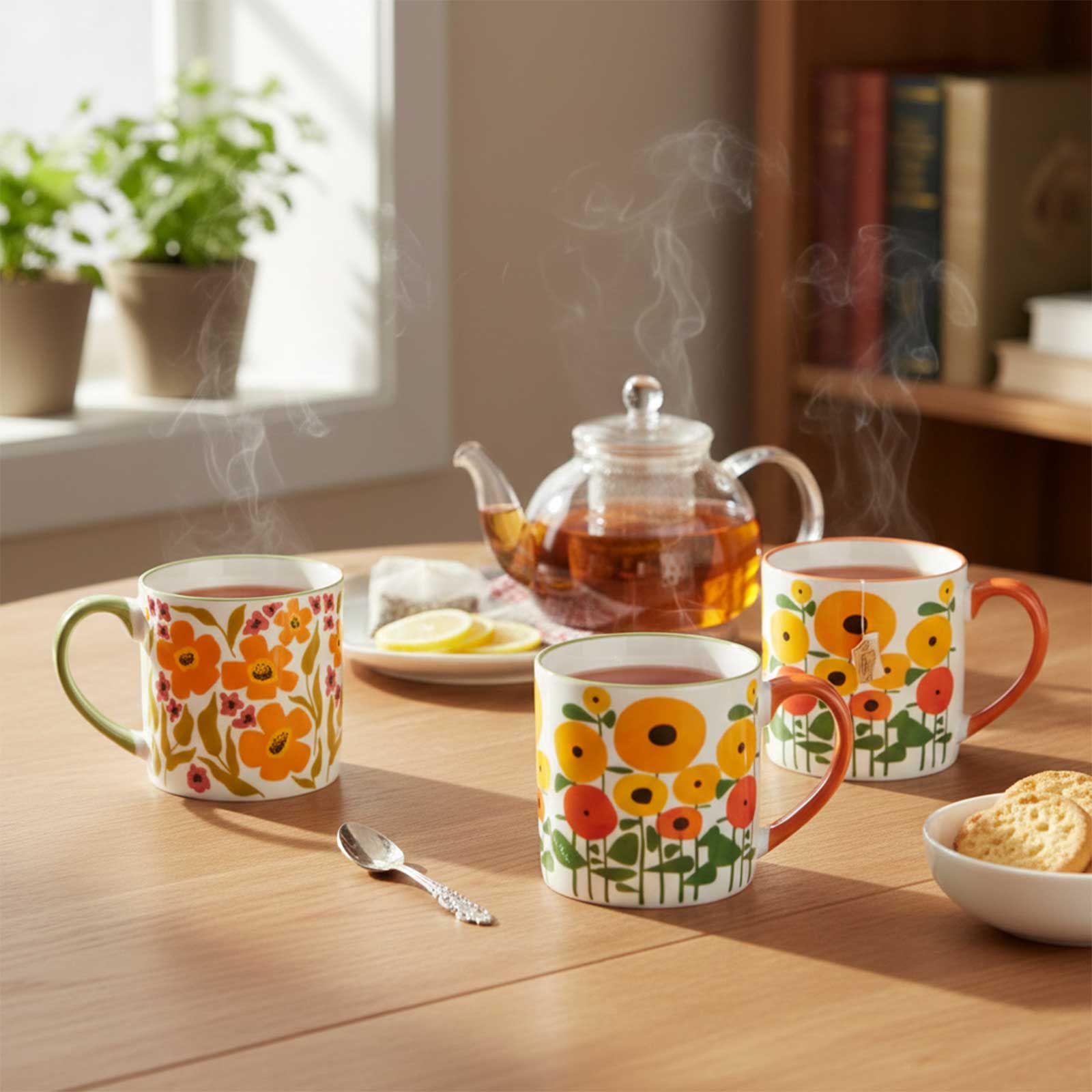 Trois mugs en porcelaine avec des motifs floraux éclatants orange et jaune, une théière en verre remplie de thé ambré, et des biscuits sur une table en bois.