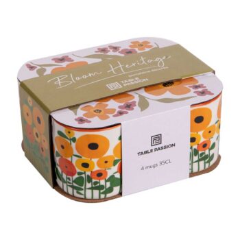 Coffret de 4 mugs en porcelaine "Bloom Heritage" avec motifs floraux éclatants orange et jaune, capacité 35cl
