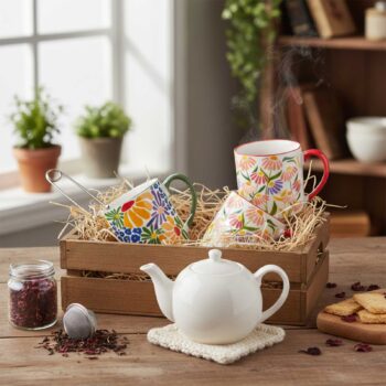 Coffret en bois contenant quatre mugs aux motifs floraux colorés, une théière blanche et des accessoires pour le thé