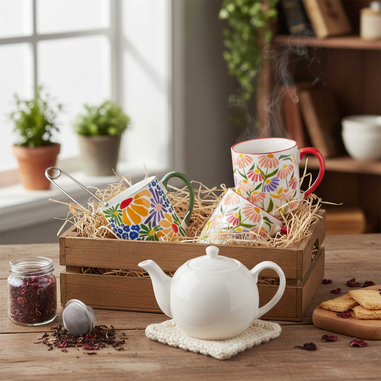 Coffret en bois contenant quatre mugs aux motifs floraux colorés, une théière blanche et des accessoires pour le thé