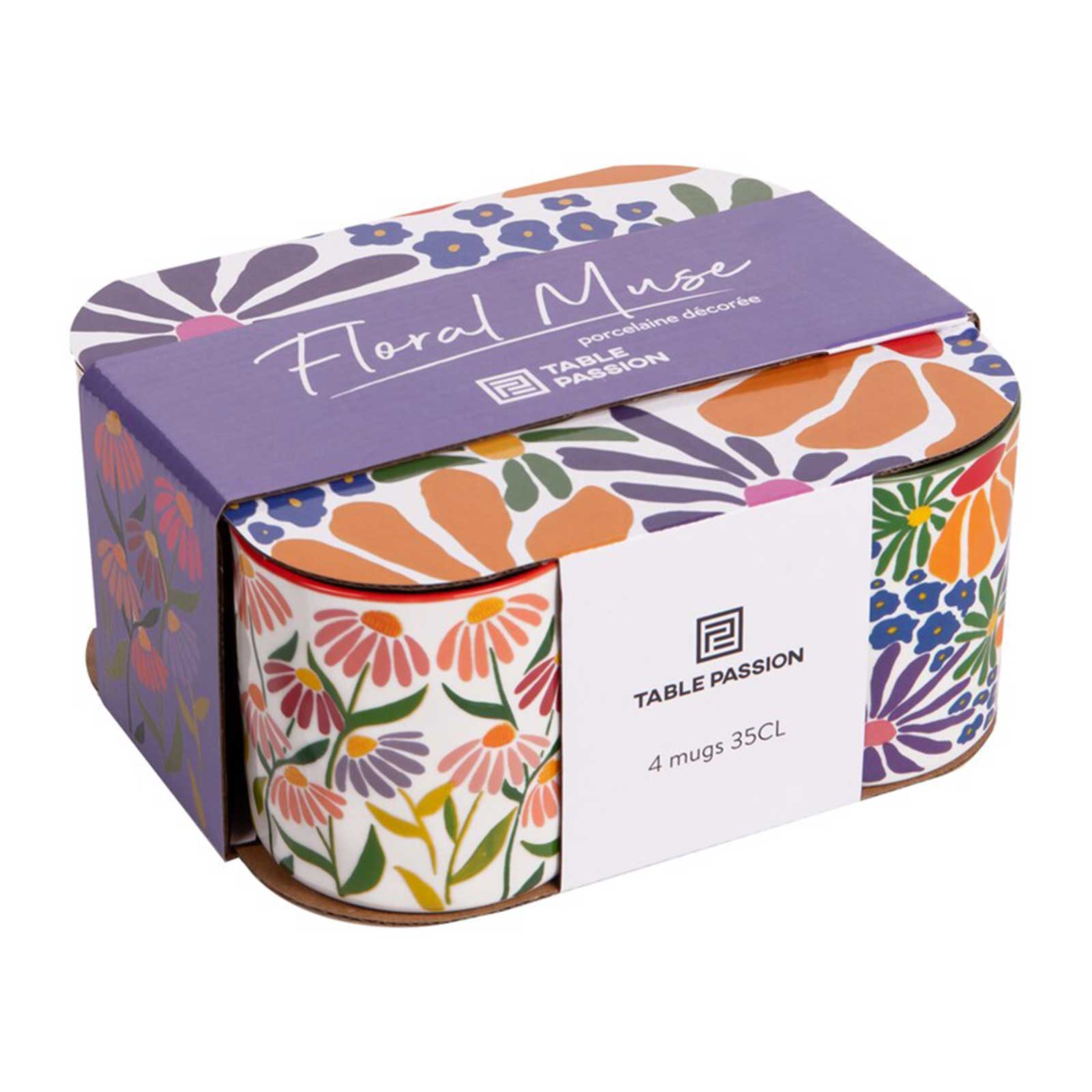 Coffret de 4 mugs en porcelaine avec motifs floraux colorés, collection Floral Muse de Table Passion, capacité 35cl