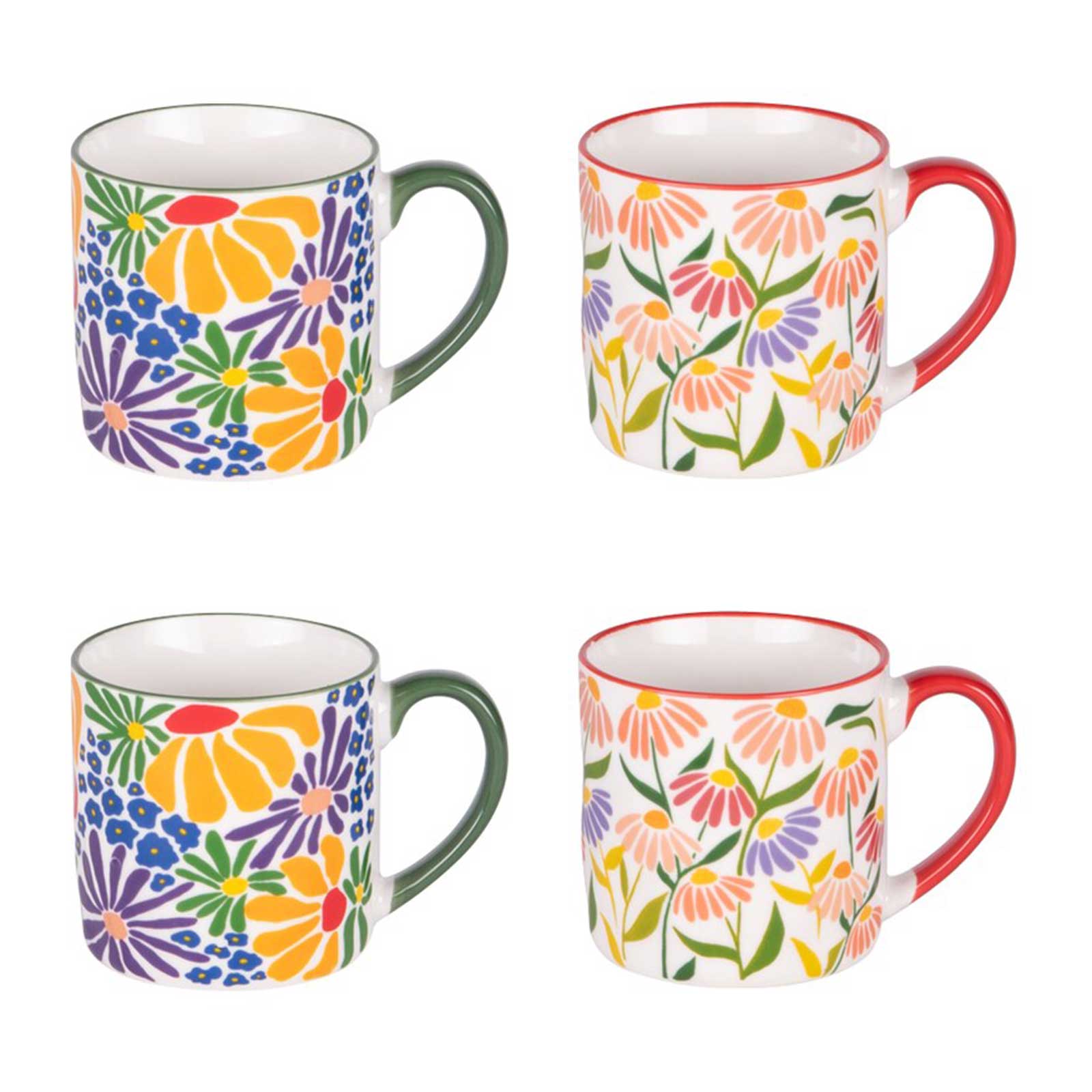 Coffret de quatre mugs en porcelaine Bastide Floral Muse 35cl, motifs floraux variés aux couleurs vives sur fond blanc