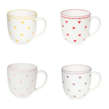 Coffret de quatre mugs en porcelaine Bastide blancs ornés de cœurs stylisés jaunes, rouges, roses et violets