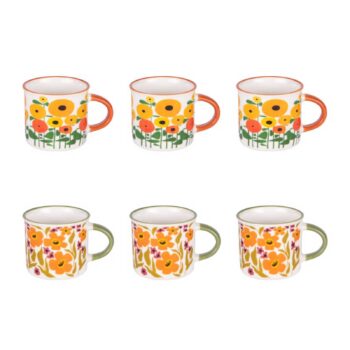 Coffret de 6 tasses à café Bastide Bloom Heritage 14cl en porcelaine, motifs floraux orange, jaune et rose sur fond blanc