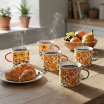 Quatre tasses en porcelaine décorées de motifs floraux orange et jaunes, remplies de café fumant, sur une table en bois avec des croissants sur une assiette.