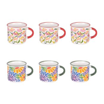 Coffret de 6 tasses Bastide Floral Muse en porcelaine 14cl, décorées de motifs floraux pastel et vifs avec anses rouges et vertes