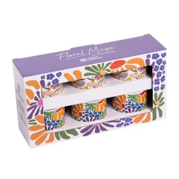 Coffret de six tasses en porcelaine peintes de motifs floraux colorés, avec inscription 'Floral Muse'
