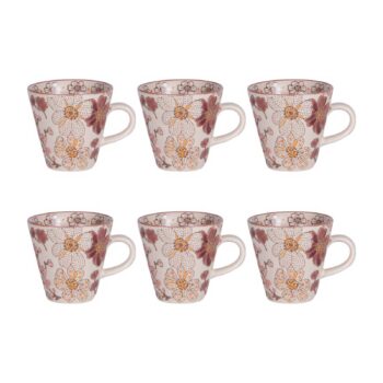 Coffret de 6 tasses à café Bastide Kiyo 17cl en grès, motif floral bordeaux et safran sur fond crème