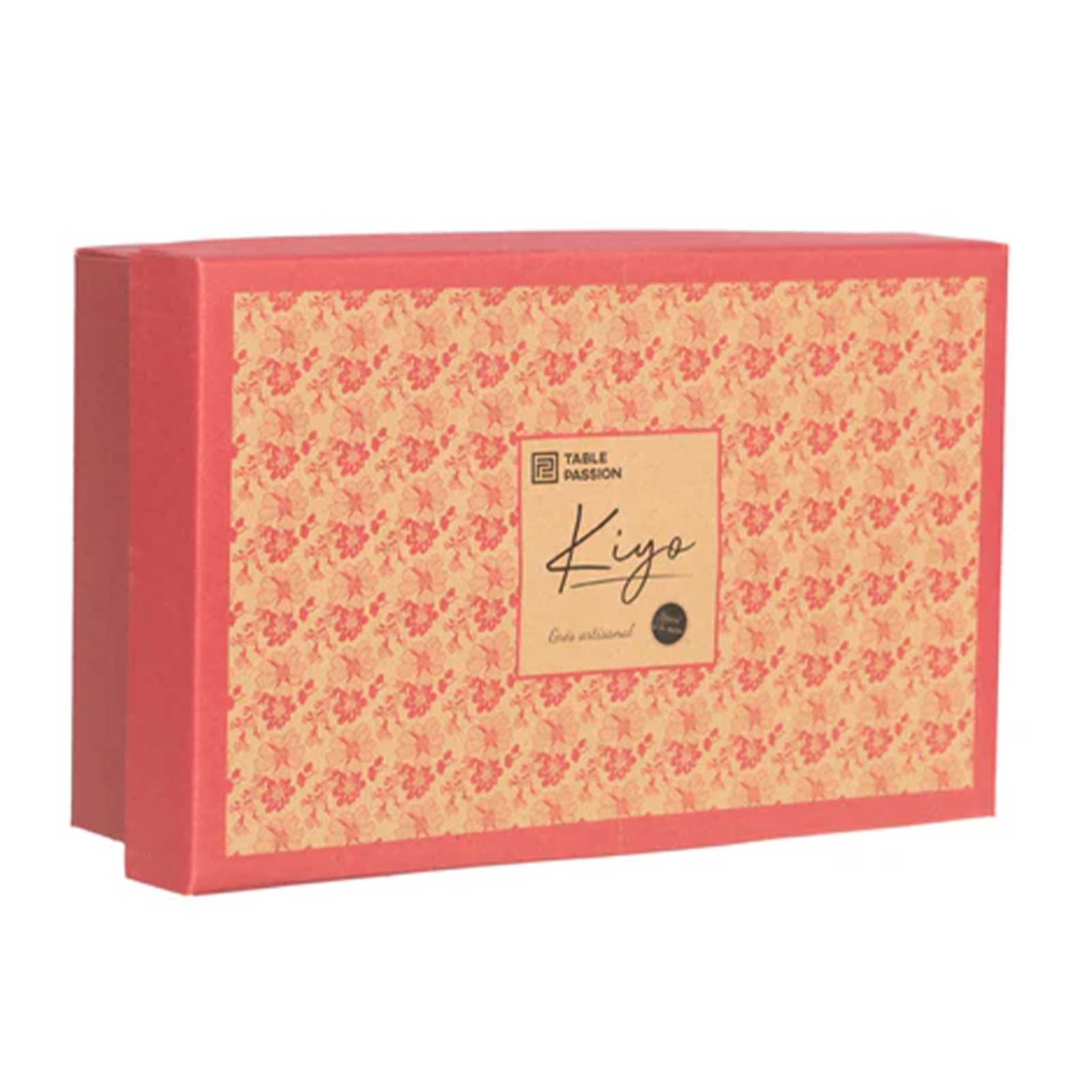 Coffret cadeau de 6 tasses en grès Kiyo, motif floral bordeaux et crème, capacité 17cl
