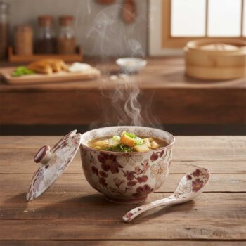 Bol à soupe Kiyo en grès avec couvercle et cuillère assortis, décor floral bordeaux et crème, fumant sur une table en bois