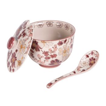 Bol à soupe Kiyo en grès avec couvercle et cuillère assortis, décor floral bordeaux et rose sur fond crème