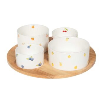 Coffret plateau apéritif Bellanova avec 4 bols en porcelaine blanche décorés de fruits : myrtilles, cerises, citrons et oranges