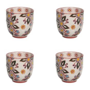 Quatre gobelets en grès artisanal Siena peints à la main de motifs floraux multicolores sur fond crème, bords soulignés de rouge