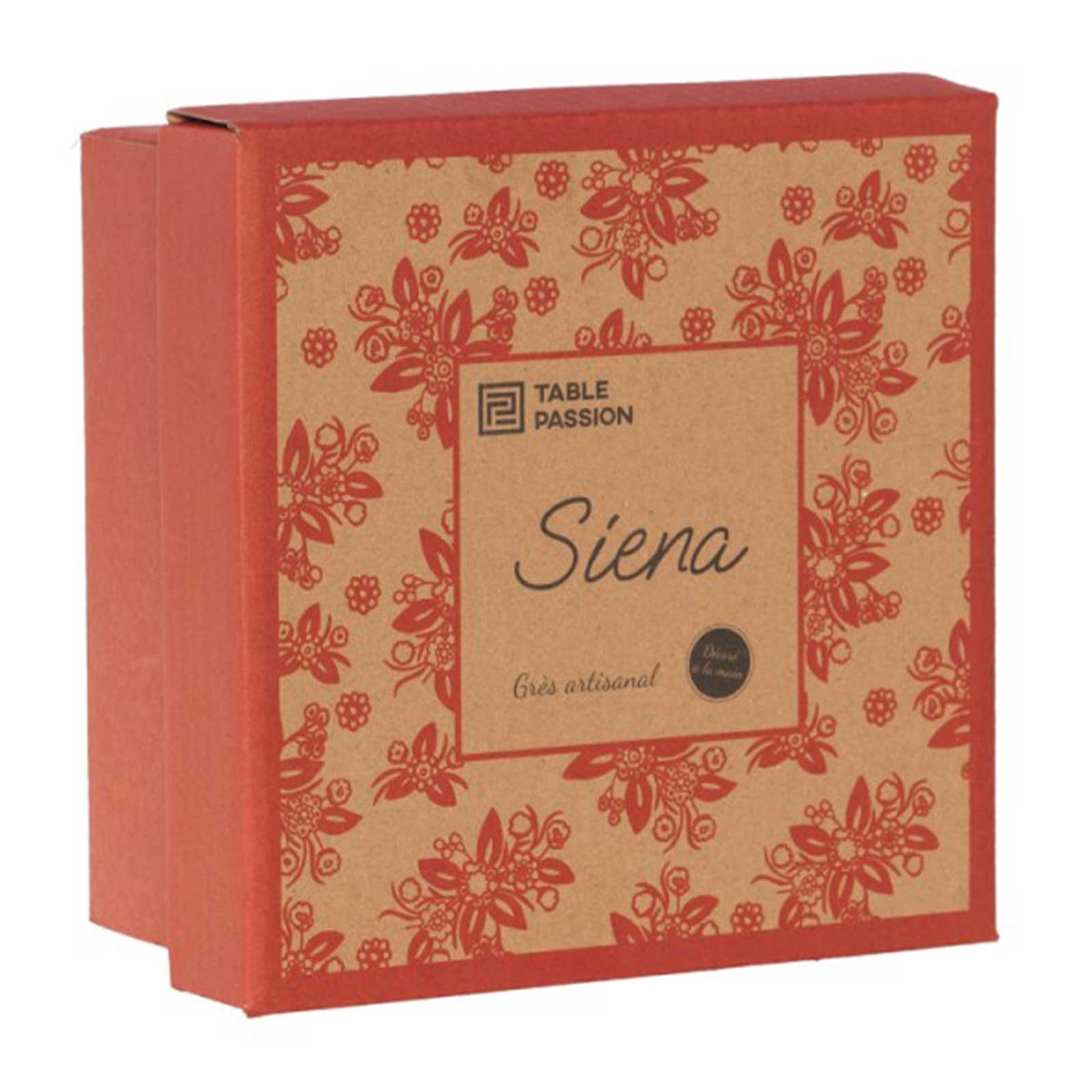 Coffret de 4 gobelets en grès artisanal Siena, avec motifs floraux rouges peints à la main sur fond kraft