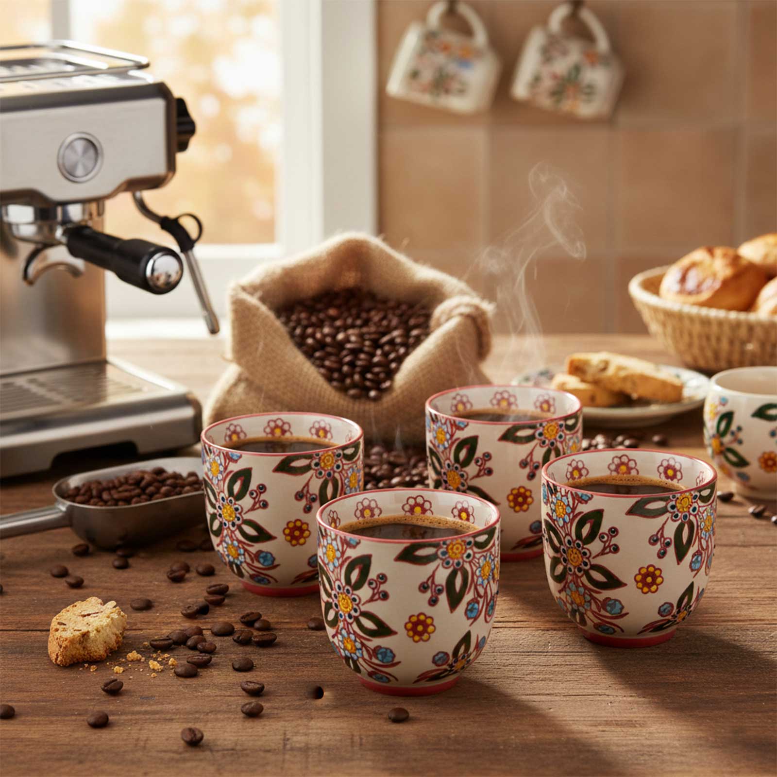 Quatre gobelets en grès artisanal peints à la main de motifs floraux colorés, remplis de café fumant, posés sur une table en bois avec une machine à expresso et un sac de grains de café en arrière-plan.