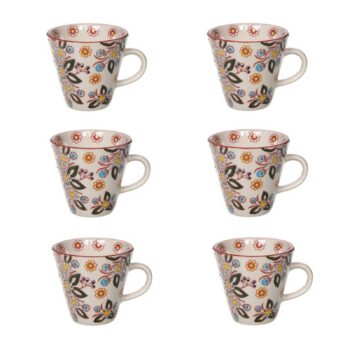 Coffret de 6 tasses en grès Bastide Siena 17cl, motif floral coloré sur fond crème, avec bordures rouges