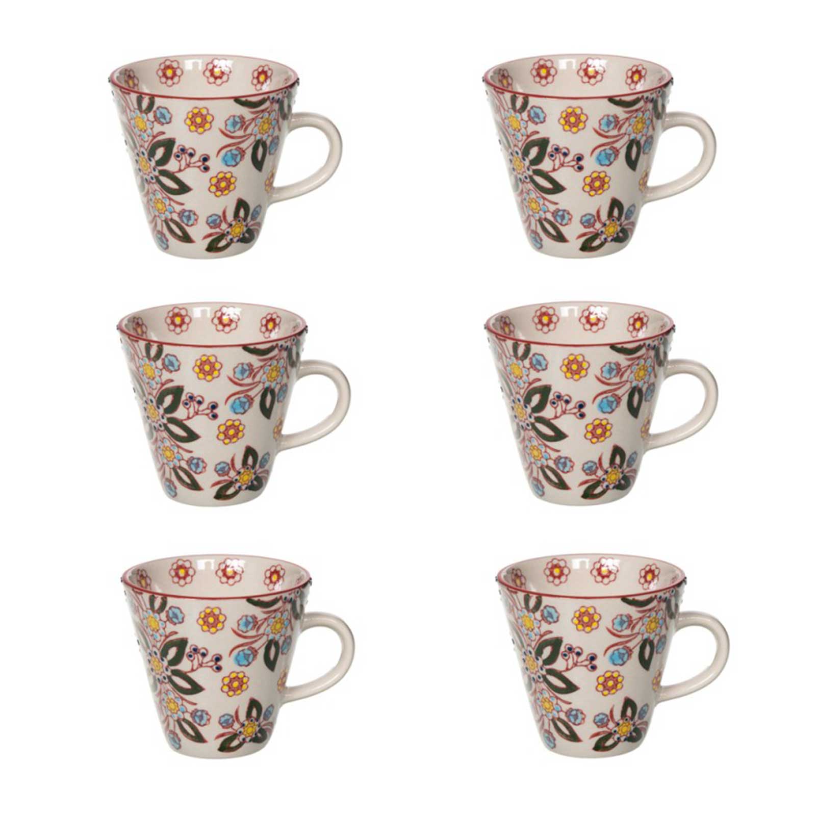 Coffret de 6 tasses en grès Bastide Siena 17cl, motif floral coloré sur fond crème, avec bordures rouges